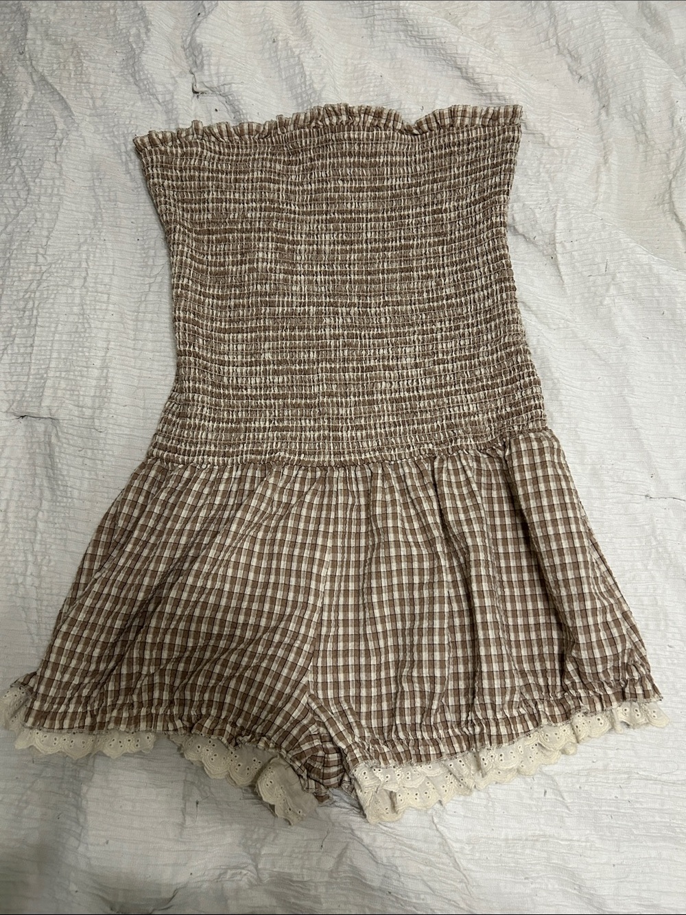 Fashion Nova Brown Plaid Smocked Lace-Trim Romper Shorts